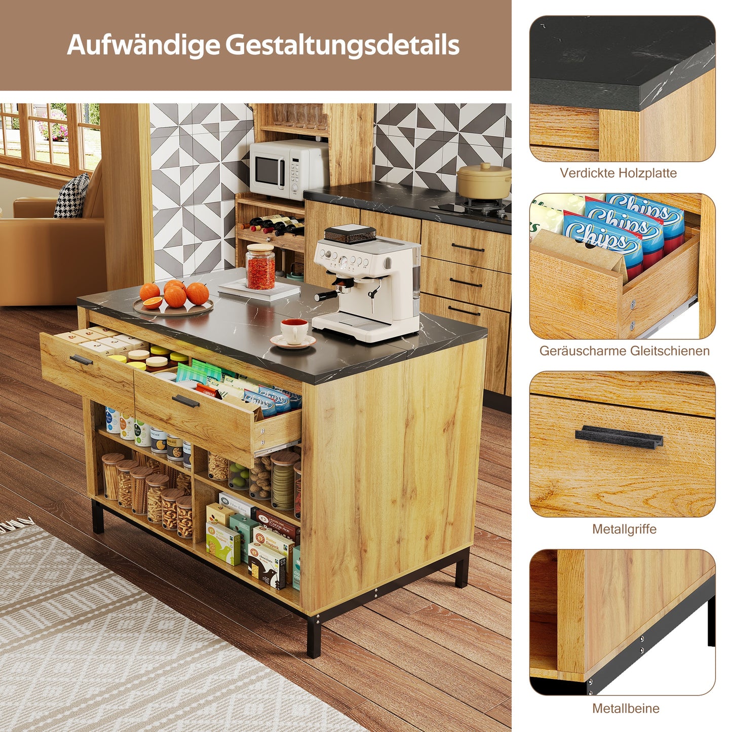 Keukenwagen – Keukentrolley – Keukenmeubel – Keukenkar – Eikenhoutdecor – Zwart Marmeren Werkblad – 120x75x90 cm – Met 2 Lades En 4 Open Planken