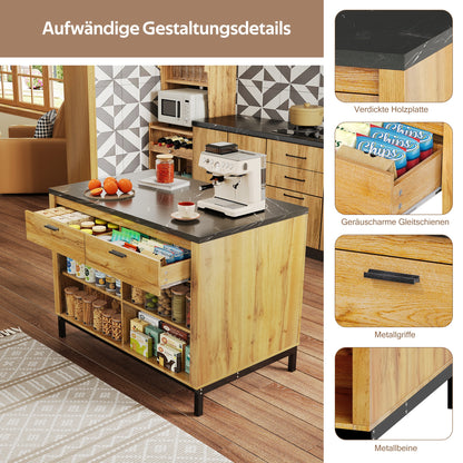 Keukenwagen – Keukentrolley – Keukenmeubel – Keukenkar – Eikenhoutdecor – Zwart Marmeren Werkblad – 120x75x90 cm – Met 2 Lades En 4 Open Planken