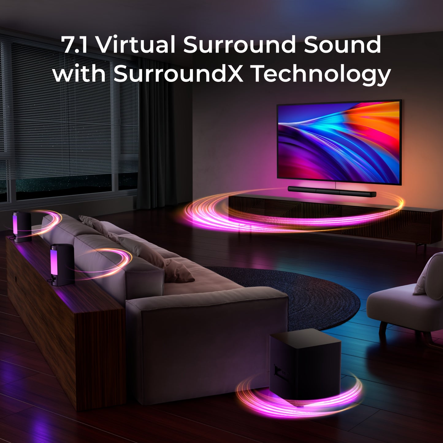 Soundbar – Home Cinema Geluidssysteem – Tv Luidspreker – Multimedia Speaker – Pc Audio – 7.1 Kanaals Surround – Draadloze Subwoofer – RGB Verlichting met App Bedienung
