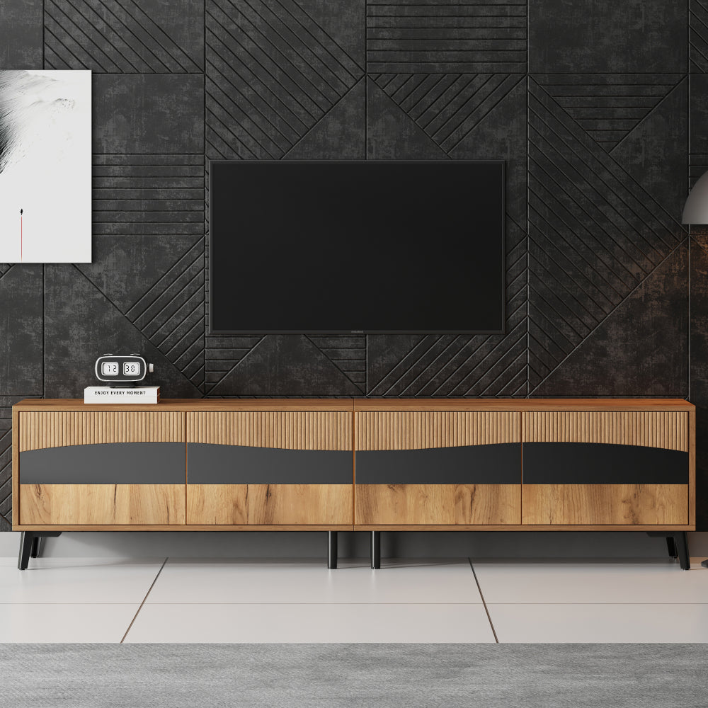 TV-meubel – TV-kast – TV-meubel woonkamer – Lowboard – Mediaconsol – Natuurlijke Houtkleur Met Zwarte Accenten – 180 cm Breed Met 4 Kasten En 30 kg Draagvermogen