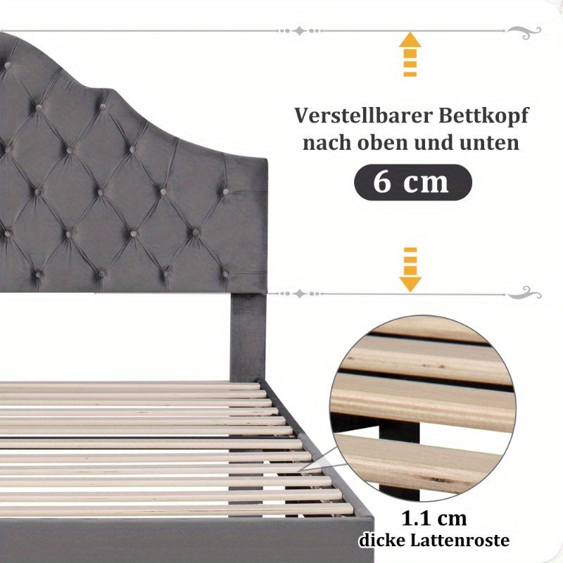 Grijs Fluwelen Bed – Eenpersoonsbed – 1-Persoonsbed – Bedframe – Slaapbed – Verstelbare Hoofdbord – Lattenbodem – 90x200 cm – Eenvoudige Montage