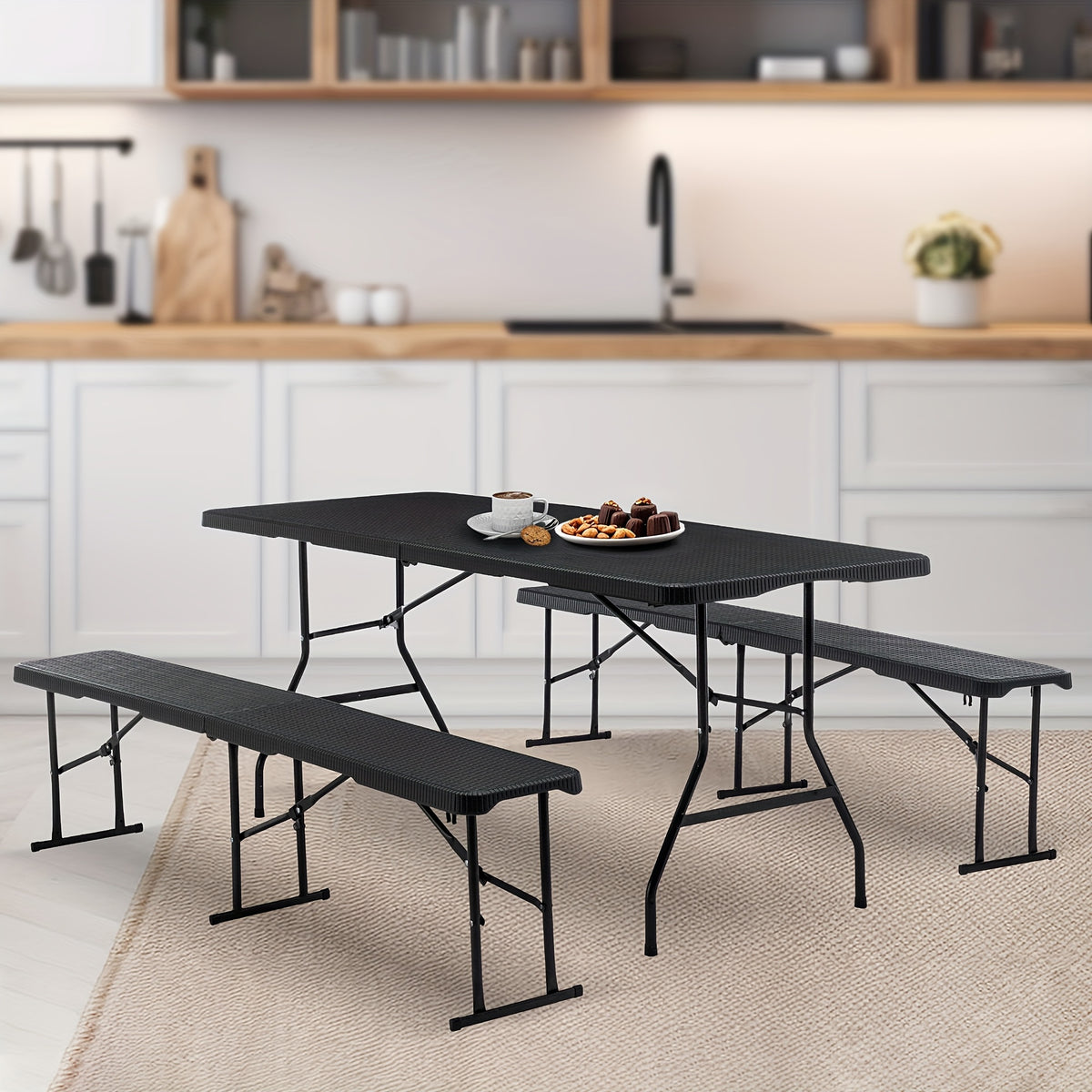 Bierbank – Biertafel – Tuinbank – Biertafelset – Picknicktafel – Inklapbaar – Kunststof Rattan Look – 180x70 cm – Wind- en Regenbestendig – 8 Personen