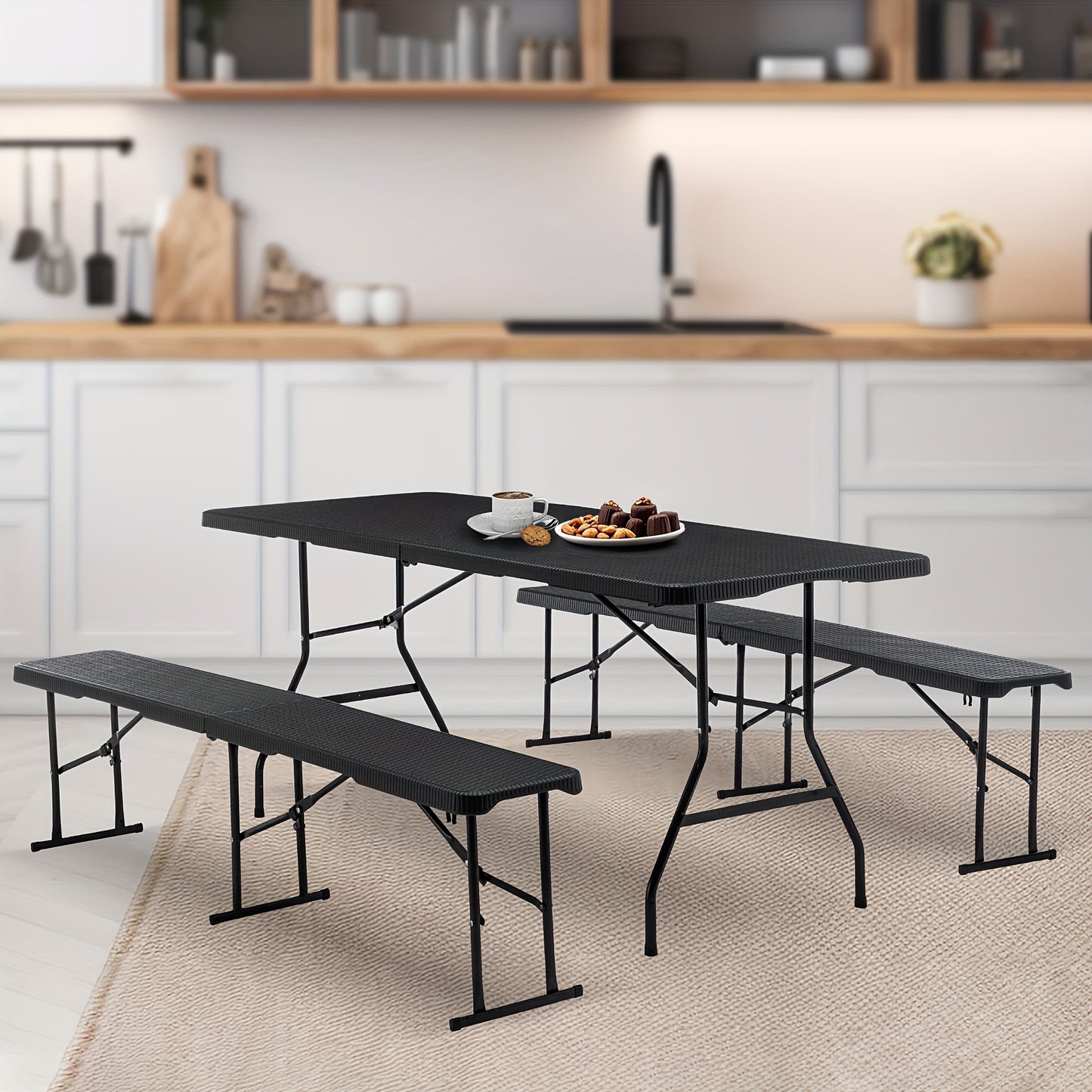 Opvouwbare Tuinset – Buffettafel – Bierbank – Campingtafel – Picknicktafel – Ruimte voor 8 Personen – Weerbestendig Kunststof Met Stalen Frame