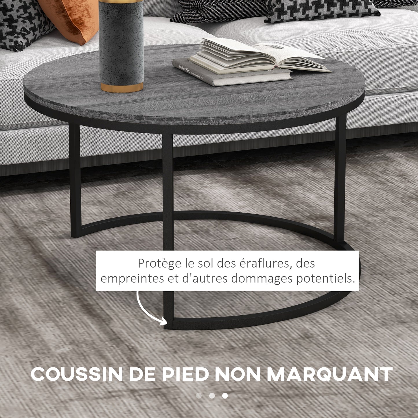 Set Van 2 Bijzettafels – Ronde Salontafel – Nestbare Tafels – Zwarte Tafel – Industrieel Design – Metaal Frame – Compact En Stevig