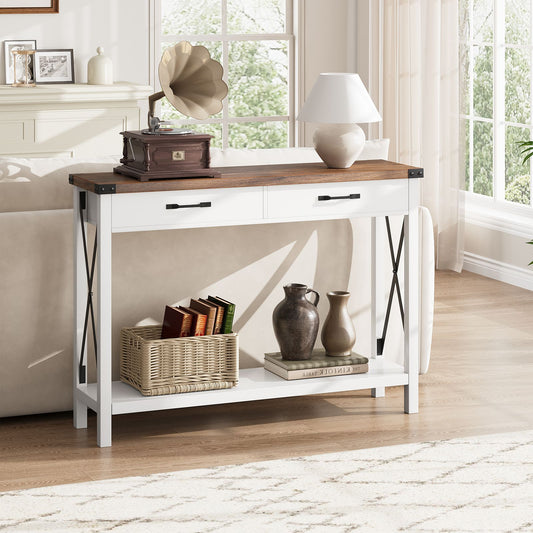 Haltafeltje – Sidetable – Sofa Table – Gangtafel – Entreetafel – Industrieel Design – Smal En Ruimtebesparend – Gefabriceerd Hout Wit-Bruin