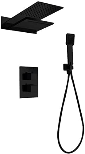 Inbouwthermostaat Douche – Thermostaatkraan – Regendouche – Waterval Douche – Wandmontage – 48x33,5 cm Sproeier – Mat Zwarte Afwerking – Constante Temperatuur Met Turn Clean System
