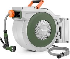 Intrekbare tuinslanghaspel 38 m + 2 m, wandgemonteerde slanghaspel,Heavy Duty slanghaspel met 10 patroonslangsproeier, automatisch vergrendelen en automatisch terugspoelen, vergrendeling op elke