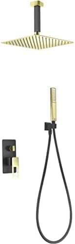 Inbouw Plafonddouche – Inbouwdouche – Regendouche – Opbouwdouche – Handdouche – Mat Zwart en Goud – RVS 25x25 cm Regendouche – Instelbare Waterdruk