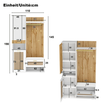 Kledingkast met Kaptafel – Garderobekast – Spiegelkast – Opbergkast – Schoenenkast – Wit – Bamboe Materiaal – 6 Gouden Kapstokken – Ruime Spiegel & Zithoek