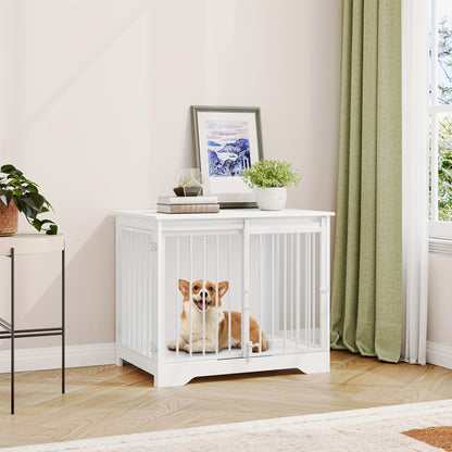 Hondenbench – Hondenkooi – Hondenbox – Hondenhok – Hondenren – Modern Wit MDF Hout – 2 Schuifdeuren – Geschikt Voor Kleine en Middelgrote Honden – Afmetingen 55x81x67,5 cm