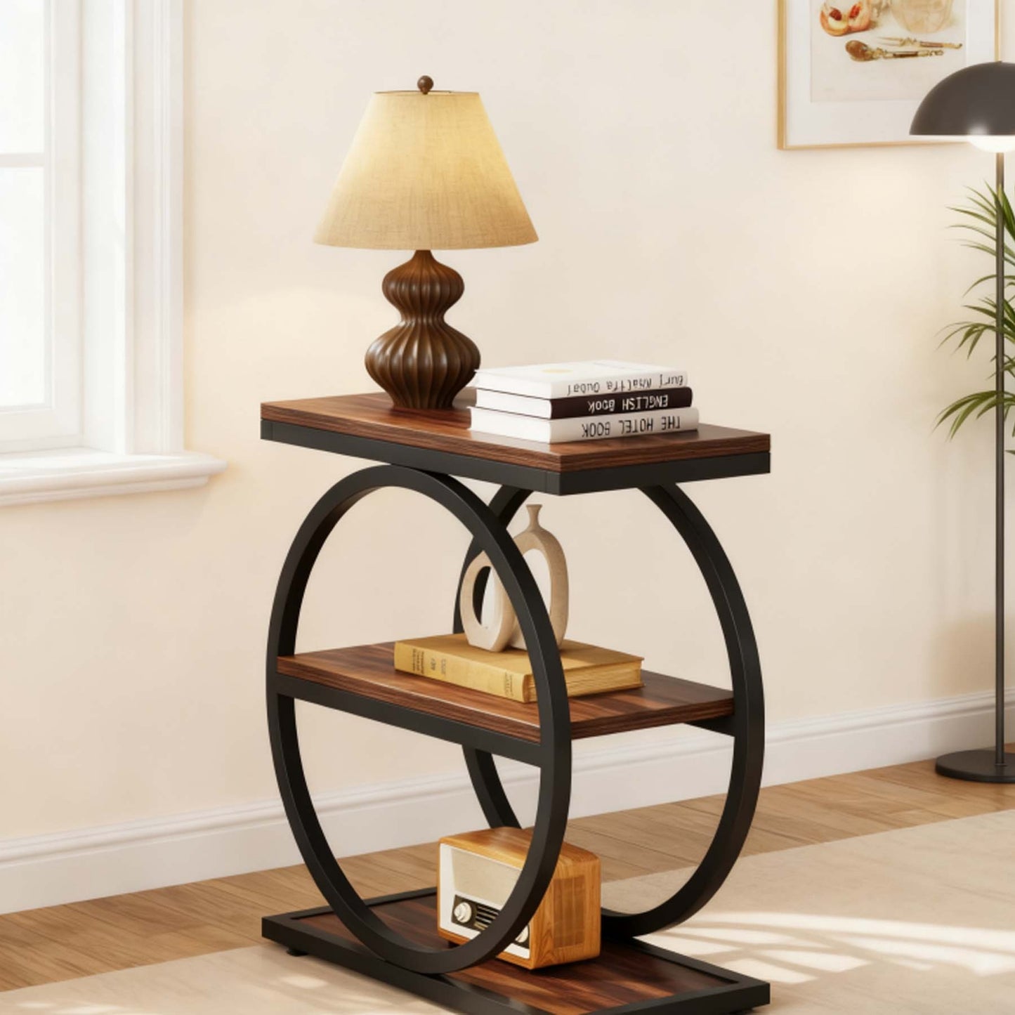 Wood Side Table with Black Metal Frames, Narrow End Table with 3 Storage Shelves, Industrial Small Sofa Side Table for Living Room, Slim Nightstand and Bedside Table for Reception Room, Christmas Holiday Decor, Versatile Acce