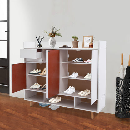 Schoenenkast – Schoenenrek – Schoenenopberger – Schoenenbank – Voordeurkast – Vrijstaand – Ventilatiegaten – Met Lade en 4 Deuren – MDF – Verhoogde Beschermrail – Warm Wit