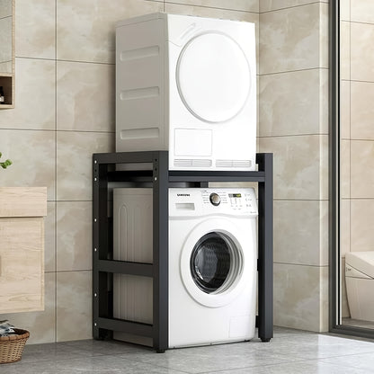 Wasmachine standaard – Wasdroger rek – Verhoger – Opbouwmeubel – Opbergrek – Verstelbaar in hoogte – Zwart smeedijzer met plank