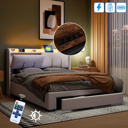 Tweepersoonsbed – Opbergbed – Ladebed – Gestoffeerd Bed – Slaapbank – 160x200 cm – Hydraulische Opbergruimte – Verstelbaar LED-Hoofdbord Met USB
