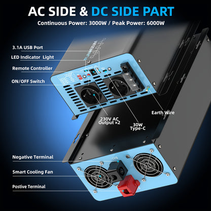 Spanningsomvormer – Omvormer – Inverter – Power Converter – Voedingsadapter – Zuivere Sinusgolf – 3000W Continu – 6000W Piekvermogen – LCD Display – USB Poort