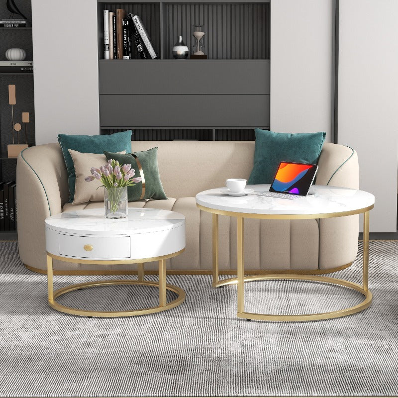 Salontafel – Bijzettafel – Koffietafel – Nestingtafel – Uittrekbare Tafel – Modern Design – Hoogglans Marmerlook – Verstelbare Hoogte – Zwart Metaal – Gouden Accenten