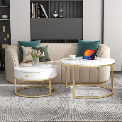 Salontafel – Bijzettafel – Koffietafel – Nestingtafel – Uittrekbare Tafel – Modern Design – Hoogglans Marmerlook – Verstelbare Hoogte – Zwart Metaal – Gouden Accenten