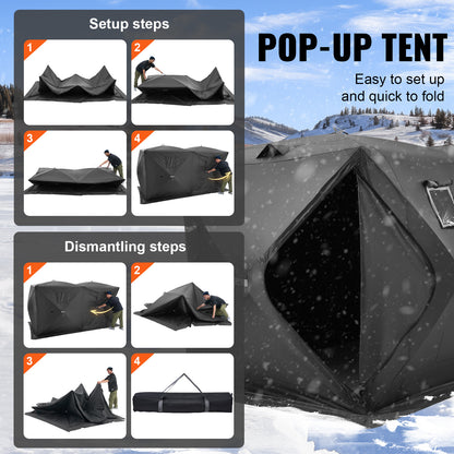IJsvisserstent – IJshut – Vistuinhuis – Schuilhut – Vis Shelter – Zwart – Pop-up Tent – 6-8 Personen – Waterdicht 300D Oxford Polyester – Inclusief 12 IJsankers en 6 Windlijnen