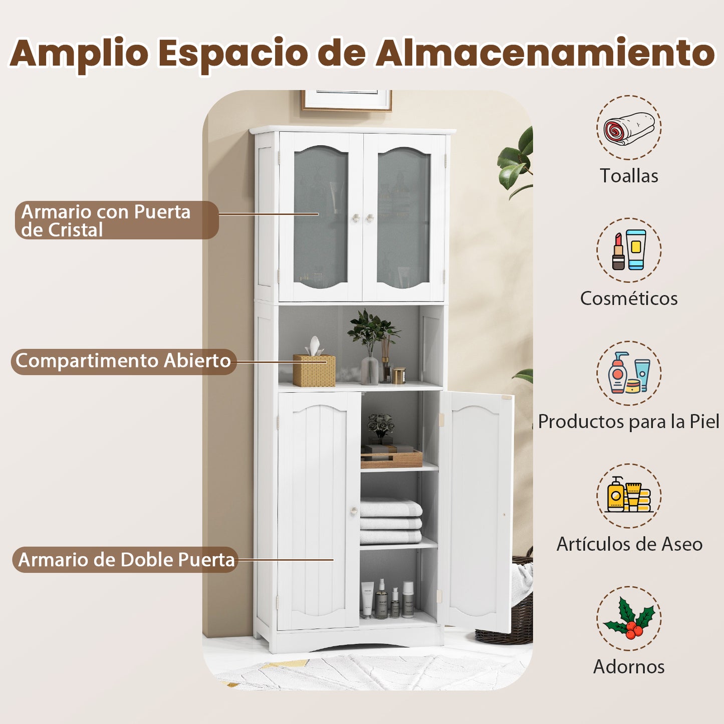 Badkamerkast – Opbergkast – Kolomkast – Hoge Kast – Badkamermeubel – Verstelbare Planken – Temperglas Deuren – 164 cm Hoog – MDF