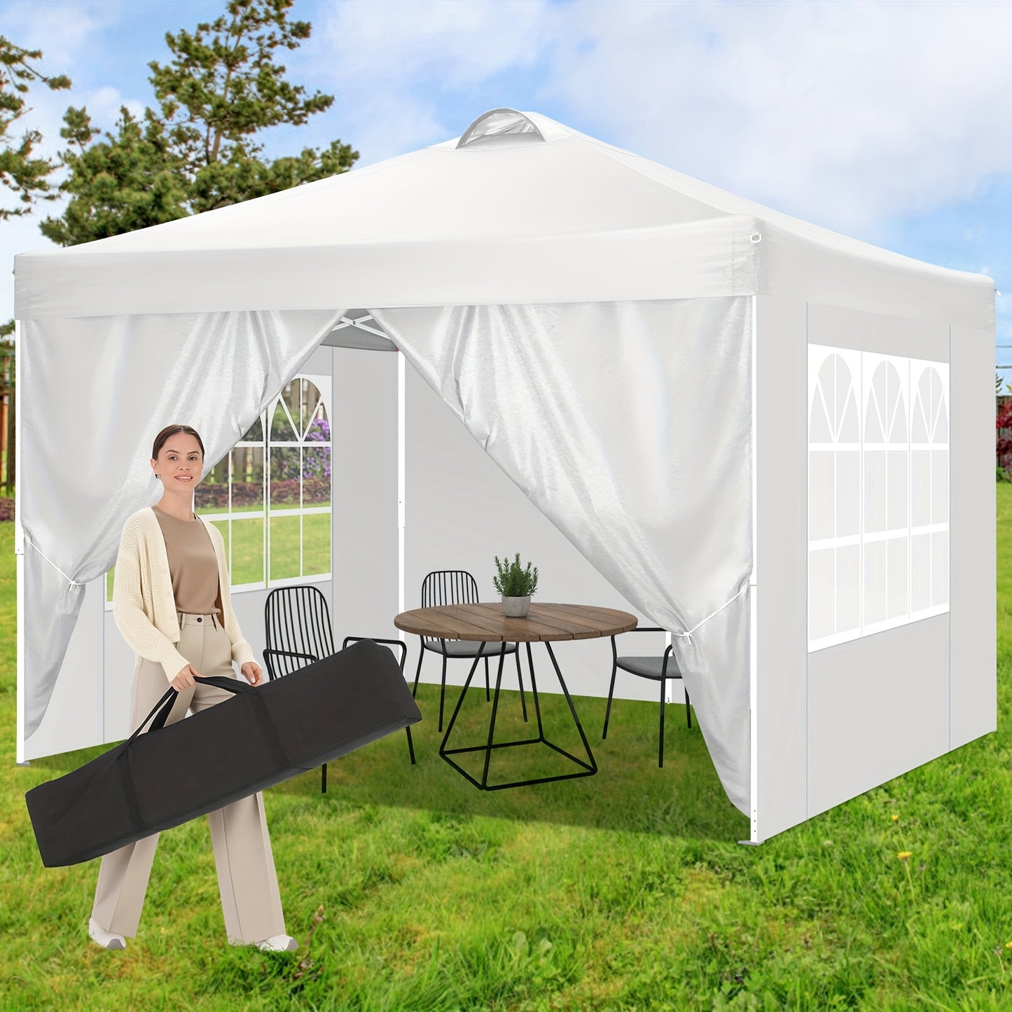 3.05x3.05meter Pop-up Tent, Party Canopy, Folding Gazebo, with 4 Detachable Side Walls, Portable Bag, Sandbag And Ground Stake, Height Adjustable, Easy to Install, Suitable for Weddings, Camping, Gardens, Market Stalls, Outdo