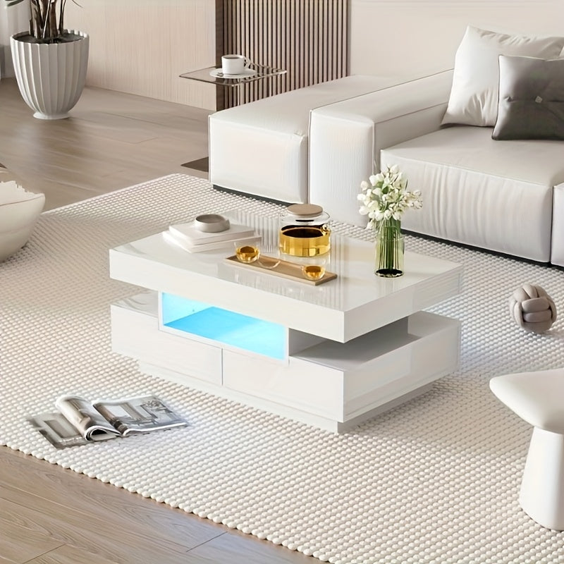 Modern Coffee Table with High-Gloss Black Finish - Large Living Room Center Table, 4 Drawers (Front & Back), Spacious Storage, Easy Assembly, for Living Room, Home Office, or Entertainment Spaces - Durable Furniture, Coffee T