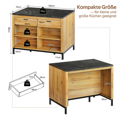 120×75×90cm, Country-Style Kitchen Island with 2 Drawers and 4 Open Shelves, Oak Grain Finish, Black Marble Countertop, Metal Frame, Kitchen Island With Seating, Kitchen Shelf Organizers And Storage, Island Table For Kitche