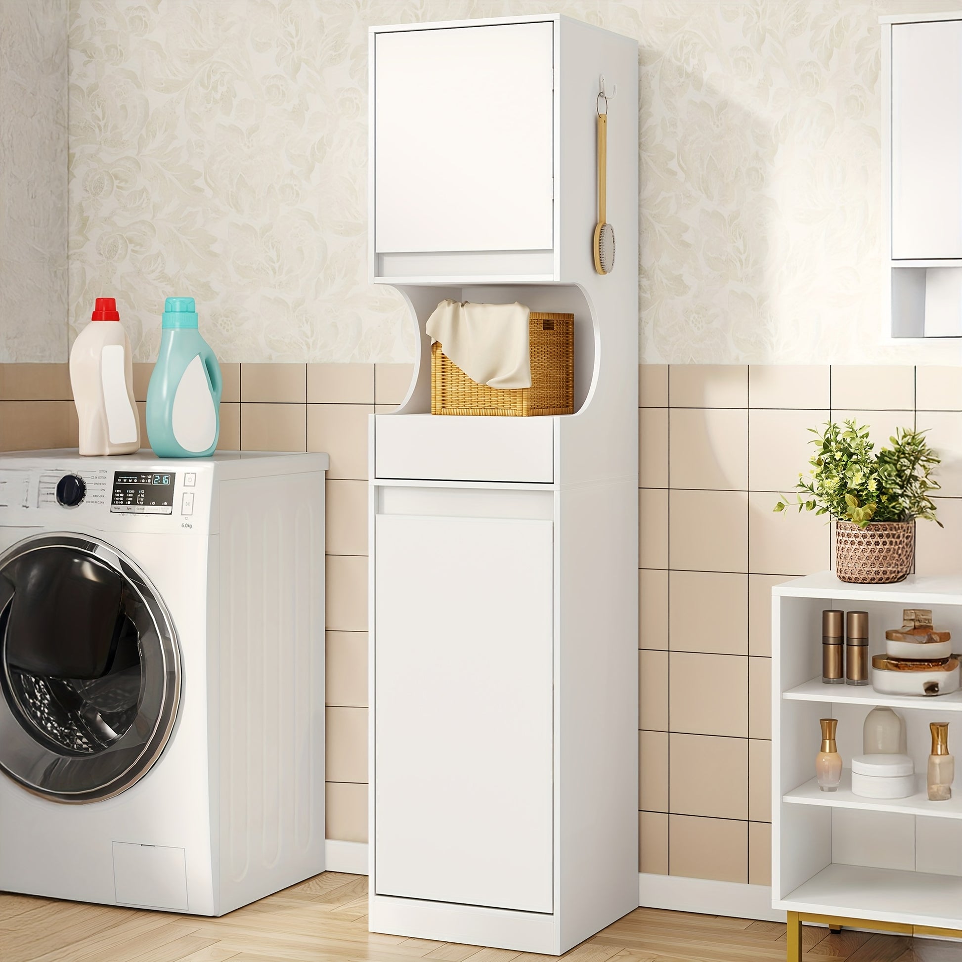 Tall White Bathroom Cabinet with Laundry Basket - Space-Saving Narrow Storage Unit, Adjustable Shelves & Sliding Doors/Drawer, Freestanding Cabinet for Small Bathrooms, -like Material, Removable Dirt-Resistant Laundry Bag (17 - QUORE