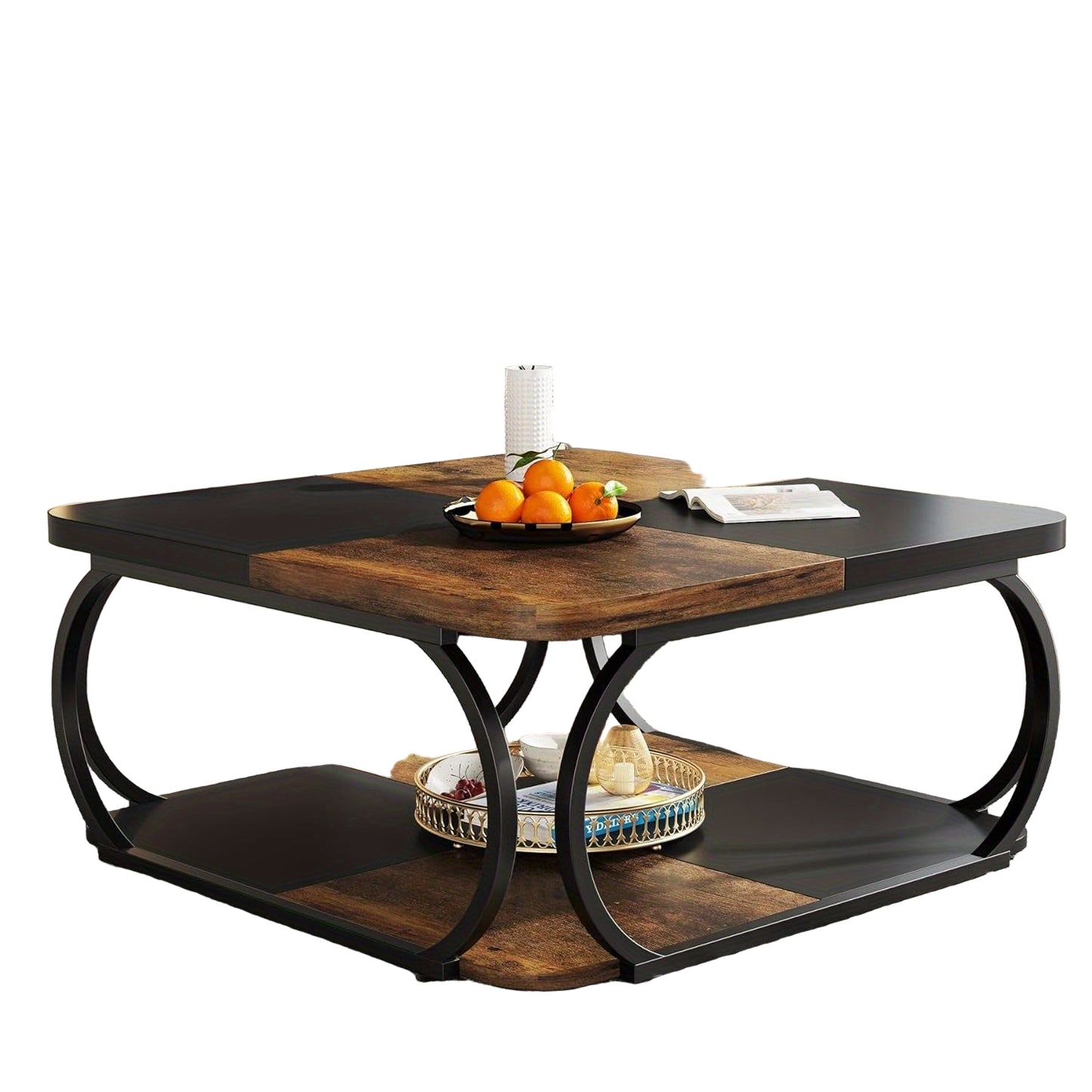 woonkamertafel – salontafel – bijzettafel – woonkamer tafel – salon tafel – vierkant design – 2 opbergniveaus – stevig metalen frame – houtfineer blad – 101,6 cm breed