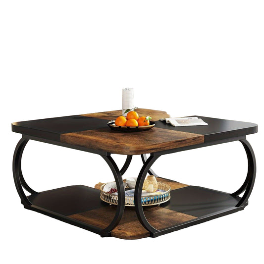 woonkamertafel – salontafel – bijzettafel – woonkamer tafel – salon tafel – vierkant design – 2 opbergniveaus – stevig metalen frame – houtfineer blad – 101,6 cm breed