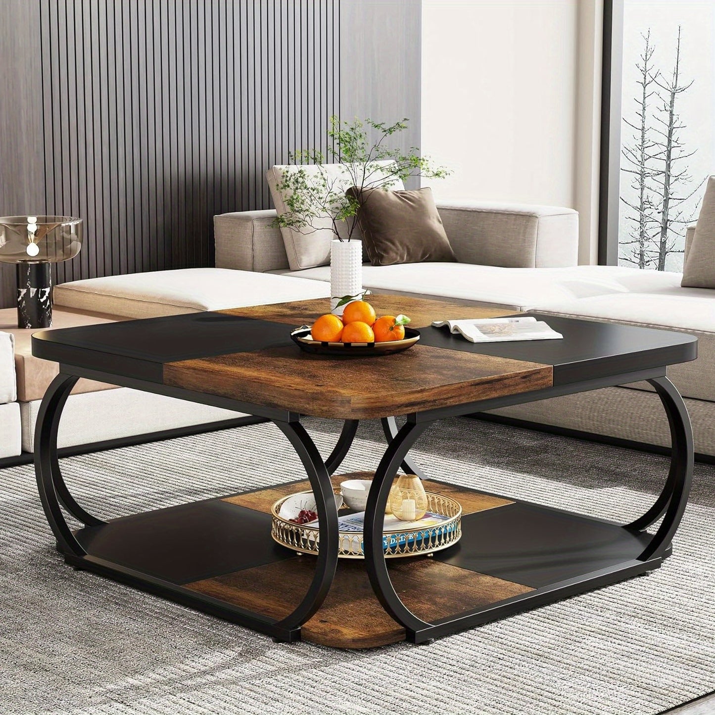 Salontafel – Woonkamertafel – Koffietafel – Bijzettafel – Salon tafel – Vierkant – Twee Verdiepingen – Metalen Frame – Donkerbruin Houten Tafelblad – Ruime Opbergruimte – Modern Landelijk Design