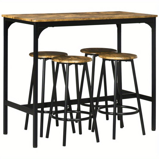 5-delige Eettafelset – Eetgroep – Barset – Keukentafelset – Industrieel Design – Rustiek Bruin – Stevig Metaal Frame – Ruimtebesparend Compact