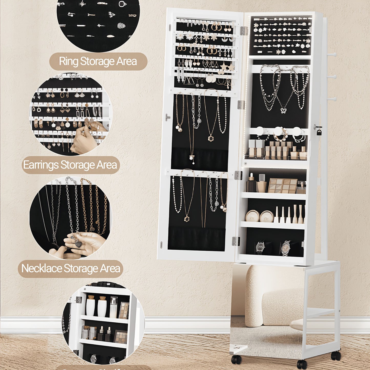 Sieradencabinet – Sieradendoos – Sieradenkast – Make-up Organizer – Opbergmeubel – Met Led-lichtbalken – Volledige Spiegel – Wit Zwart – Vergrendelbaar Met Wieltjes – Hoogwaardige MDF Uitvoering