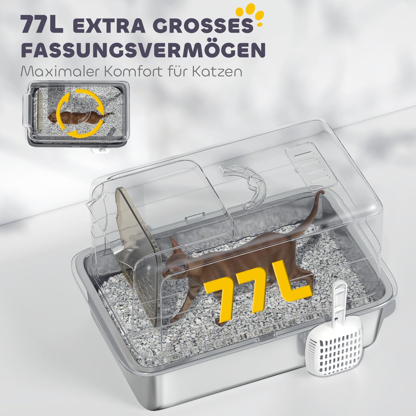 Kattenbak – Kattentoilet – Kattenbak Zwart – Kattenbak Open – Gesloten Kattenbak – Roestvrijstalen Binnenbak – Geurfilter Met Schep – Ruim Voor Katten Tot 6 Kg – Grijs/Zilverkleurig 40,5x60,5x41,5 cm