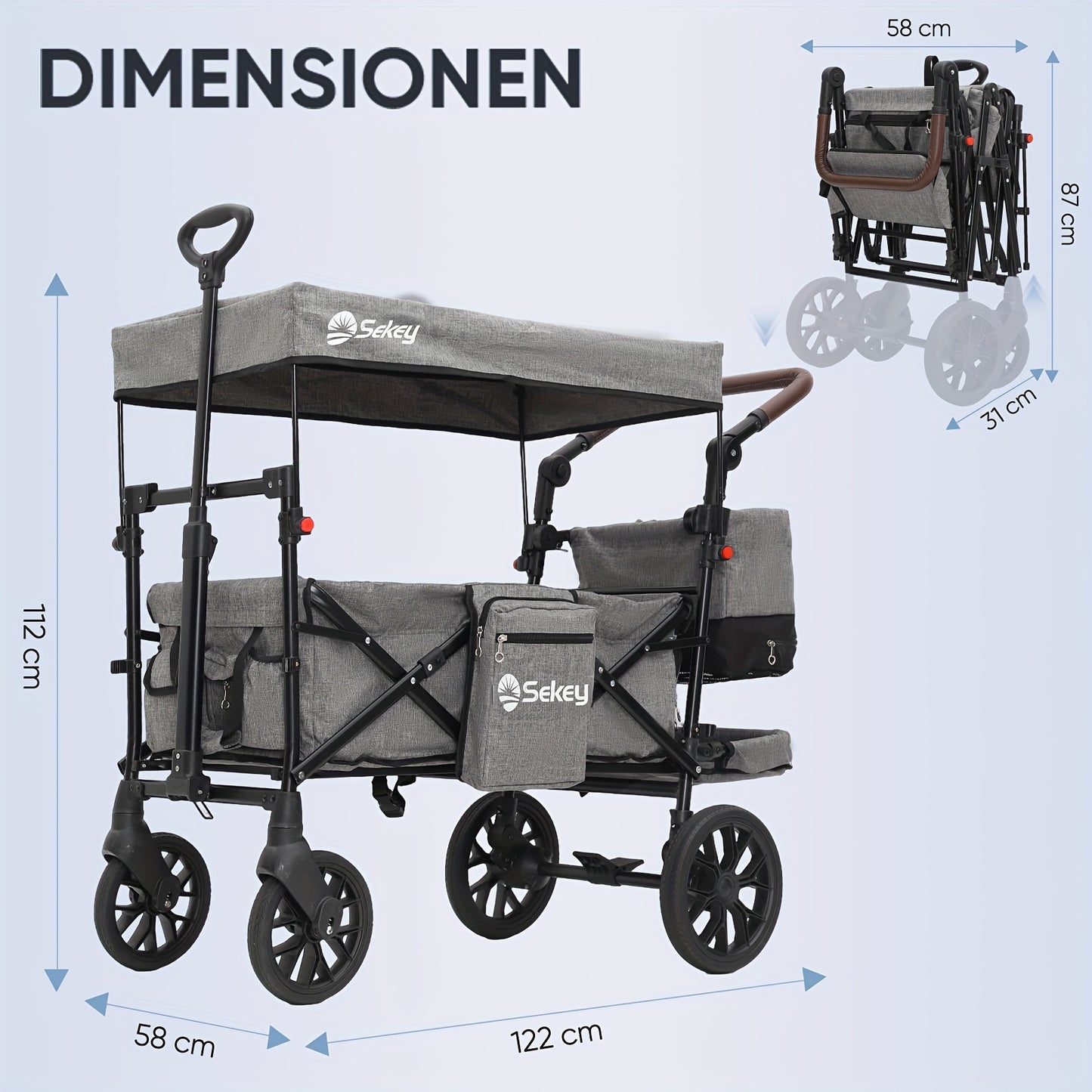 Opvouwbare Handwagen – Vouwwagen – Bolderkar – Transportkar – Trolley – XXL PU-wielen 24/20 cm – Schokabsorberende Vering & Comfortabele Gevoerde Zitting – Zwart