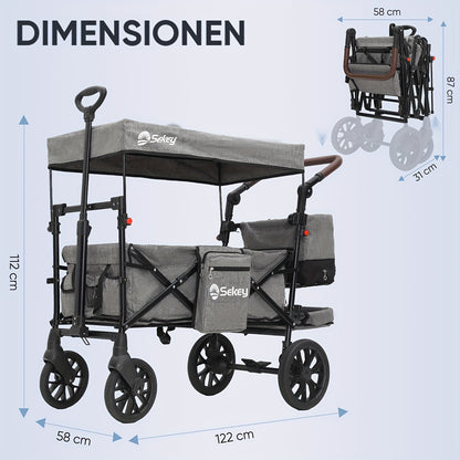 Opvouwbare Handwagen – Vouwwagen – Bolderkar – Transportkar – Trolley – XXL PU-wielen 24/20 cm – Schokabsorberende Vering & Comfortabele Gevoerde Zitting – Zwart