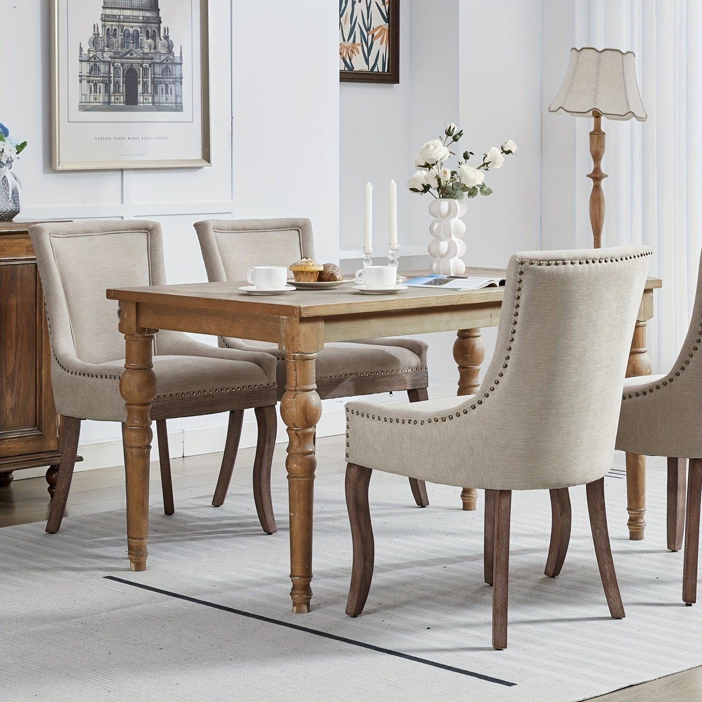 Eetkamerstoel – Stoel – Kuipstoel – Armstoel – Dining Chair – Set Van 2 – Beige – Gouden Metalen Poten – Dikke Gevulde Zitting Met Brede Rugleuning