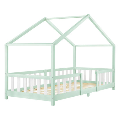 Kinderbed – Kinderbedden – Eenpersoonsbed – Hoogslaper – Stapelbed – Huisvormig Design – Valbeveiliging – Grenenhout – 140x200 cm
