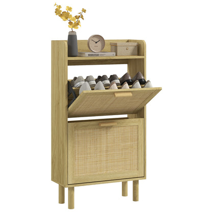 HOMCOM Shoe Rack 2-Door Cabinet 12 Pairs, Woven Rattan Effect Bohemian Design - Dimensions: 80L X 24.5W X 110H Cm Natural