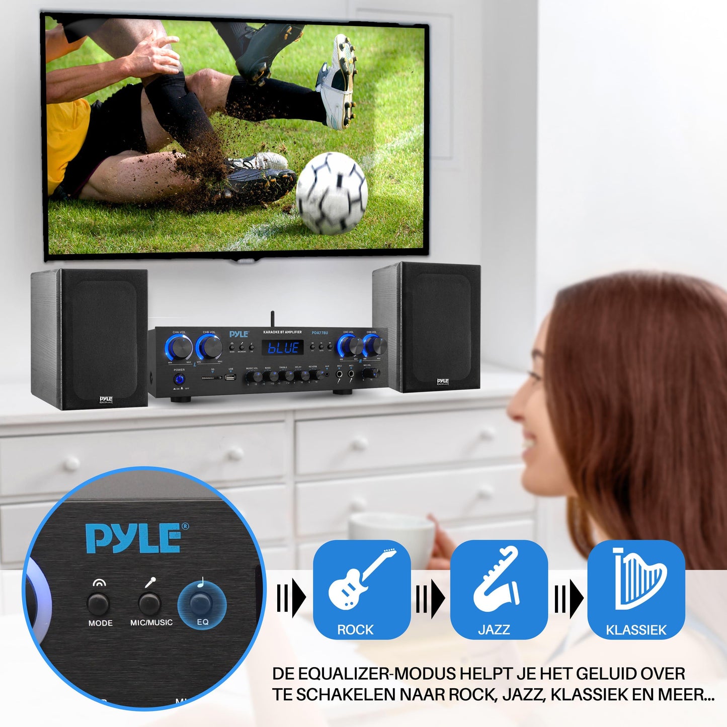 4-Kanaals Audioversterker – Versterker – Receiver – Audio Amplifier – Bluetooth Versterker – 800W Vermogen – Draadloze Bluetooth 5.0 & 2 Microfooningangen met Reverb en Delay