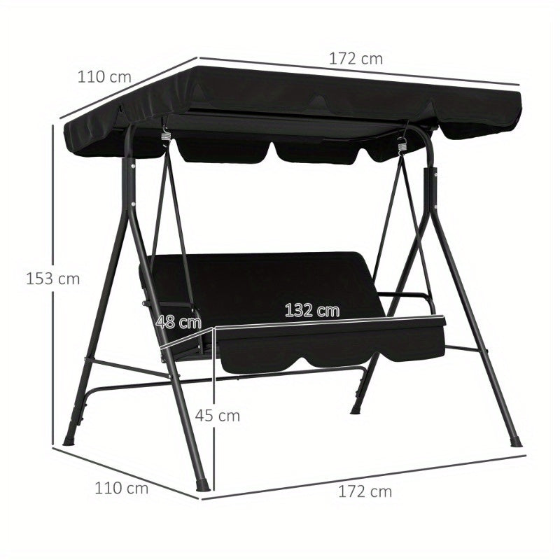 3-zits Tuinschommel – Tuinbank Schommelstoel – Buitenbank Schommel – Terrasschommel – Tuinmeubel Schommel – Verstelbaar Dak – Stabilisator Stalen Frame – Zwart – 172x110x153 cm