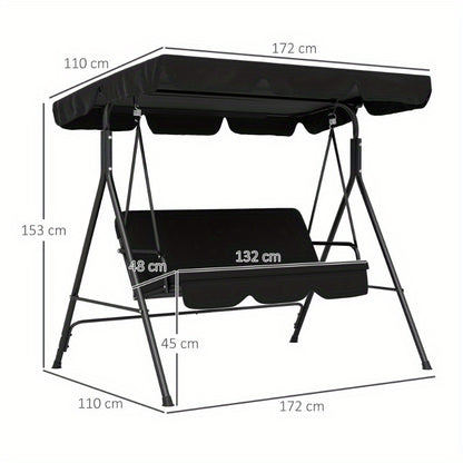 3-zits Tuinschommel – Tuinbank Schommelstoel – Buitenbank Schommel – Terrasschommel – Tuinmeubel Schommel – Verstelbaar Dak – Stabilisator Stalen Frame – Zwart – 172x110x153 cm