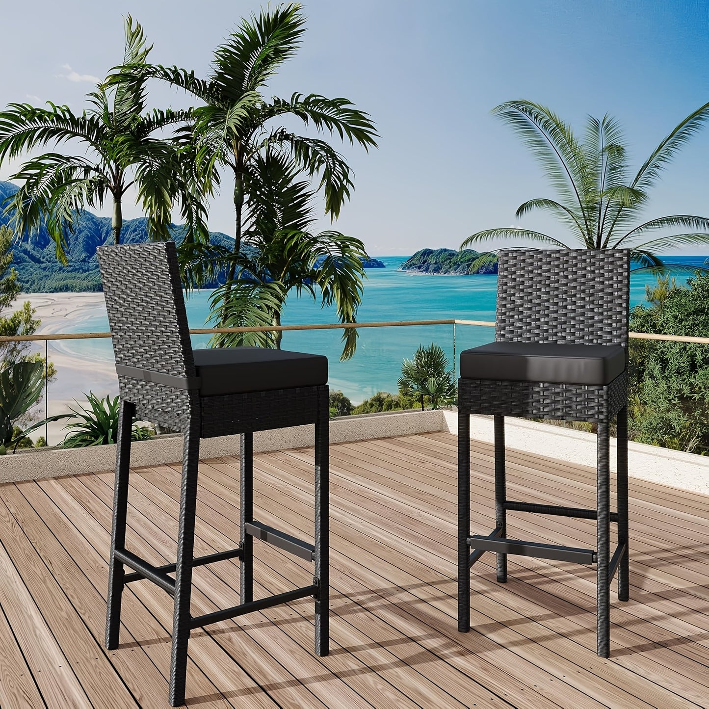 Wicker Barstoel – Tuin Barstoel – Barkruk Buiten – Rattan Barstoel – Balkon Barstoel – Set Van 2 – Weerbestendig Kunststof Rattan – Armless Comfortabele Zit