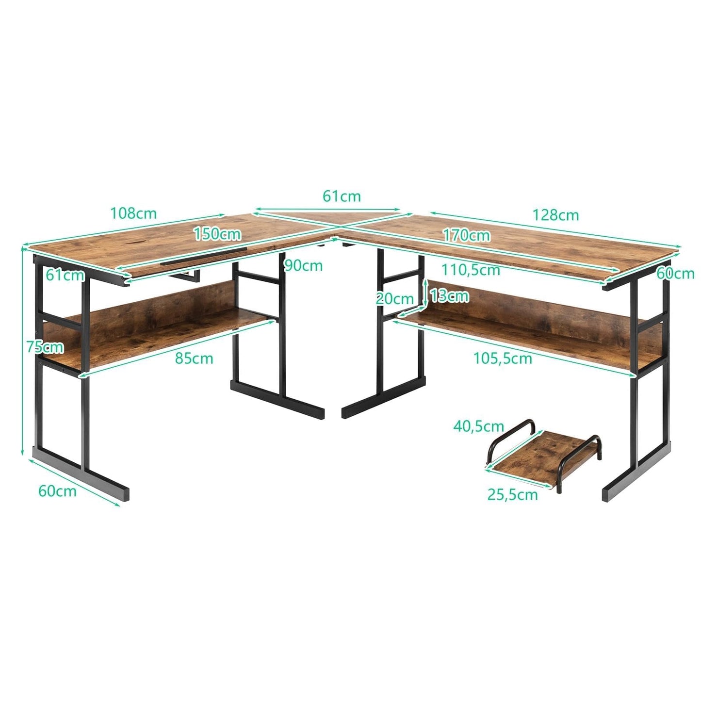 L-Vormige Bureau – Hoekbureau – Computertafel – Werkplek – Bureautafel – Houten Frame – Kantelbaar Blad – 170 x 150 x 75 cm – Bruin