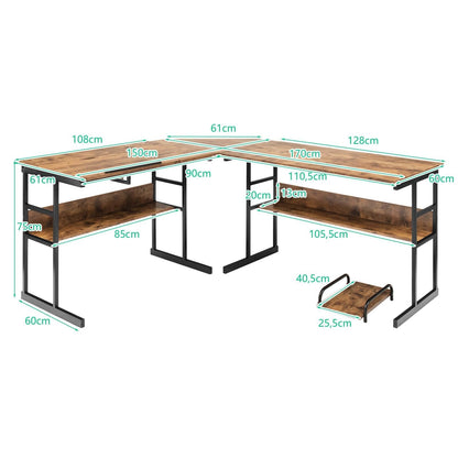 L-Vormige Bureau – Hoekbureau – Computertafel – Werkplek – Bureautafel – Houten Frame – Kantelbaar Blad – 170 x 150 x 75 cm – Bruin