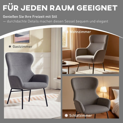 Fauteuil – Armstoel – Relaxstoel – Leunstoel – Lounge Chair – Modern Grijs – Wingback Design – Hoog Zitcomfort – Met Metalen Onderstel