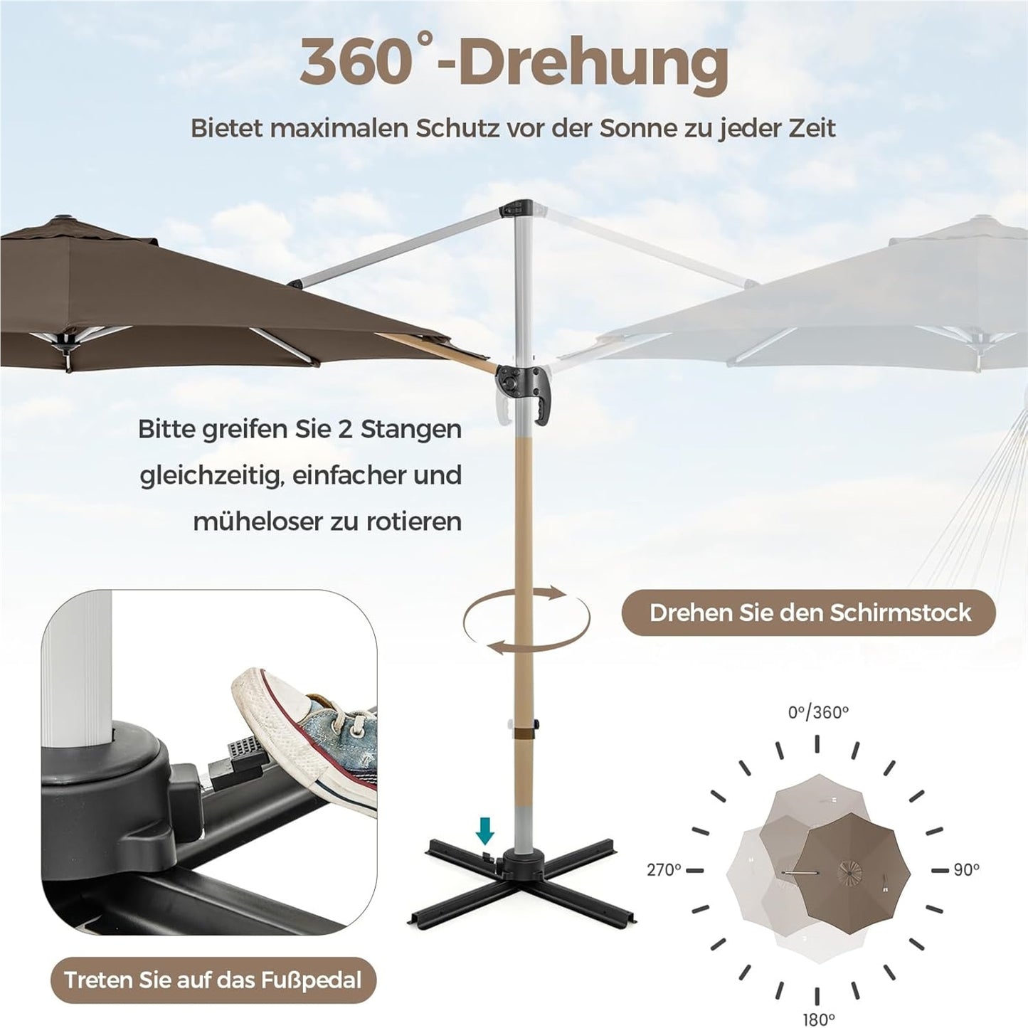 Zonnescherm – Parasol – Tuinparasol – Terrasparasol – Balkonparasol – Ø 330 cm – UPF 50+ – 360° Draaibaar met Kantelfunctie – Bruin