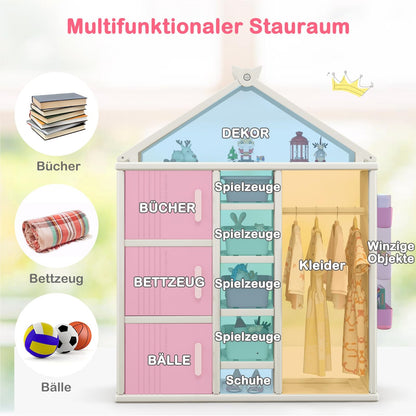 Kinderkast Huisstijl – Boekenkast Kind – Speelgoedkast – Opbergkast Kids – Kledingrek Kinderkamer – Roze – Veilig HDPE Materiaal – 4 Opbergboxen & Zijkorfjes