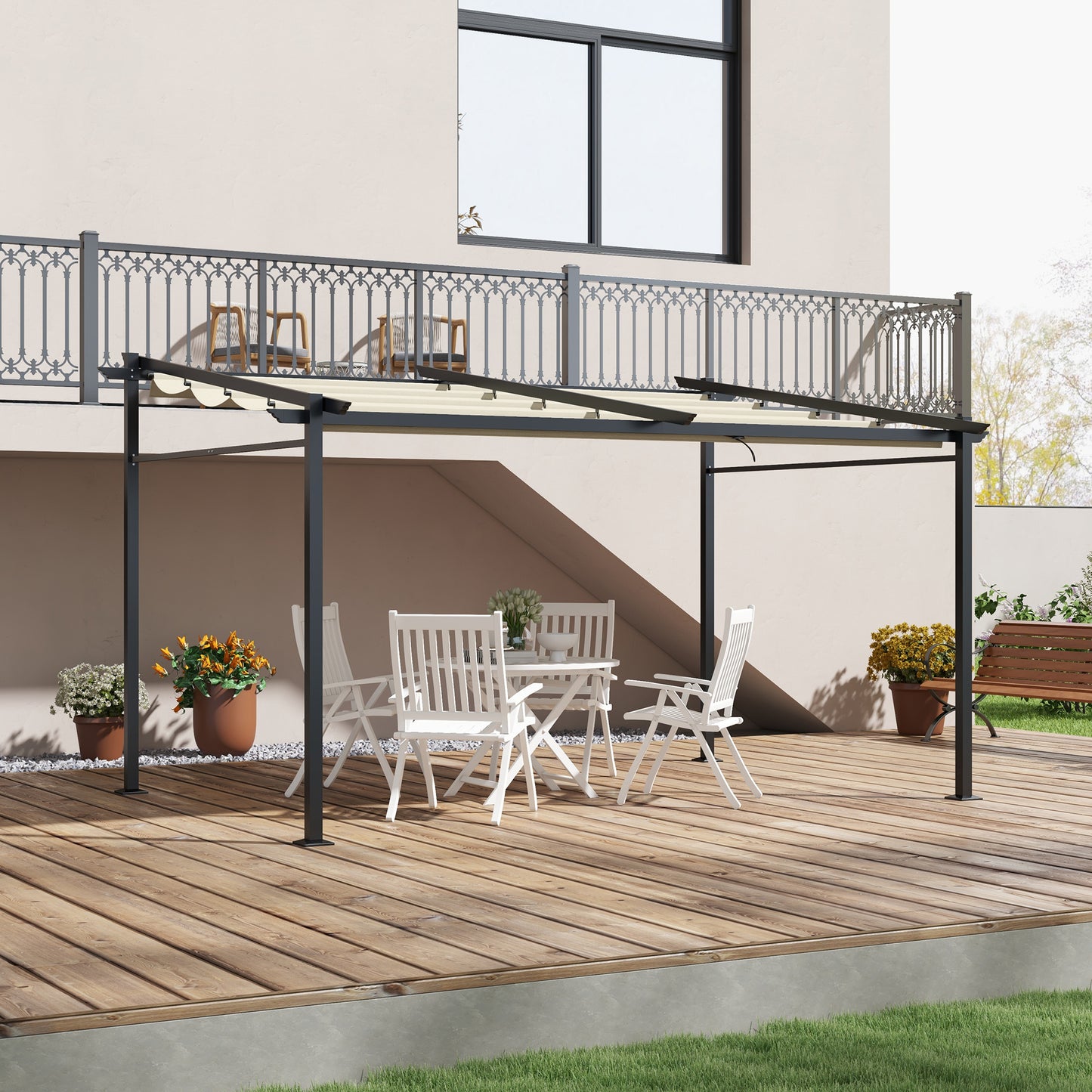 Pergola – Tuinoverkapping – Zonnescherm – Buitenluifel – Buitenkamer – Uitschuifbaar Dak – Metaal Epoxy Frame – 4x3 Meter Beige