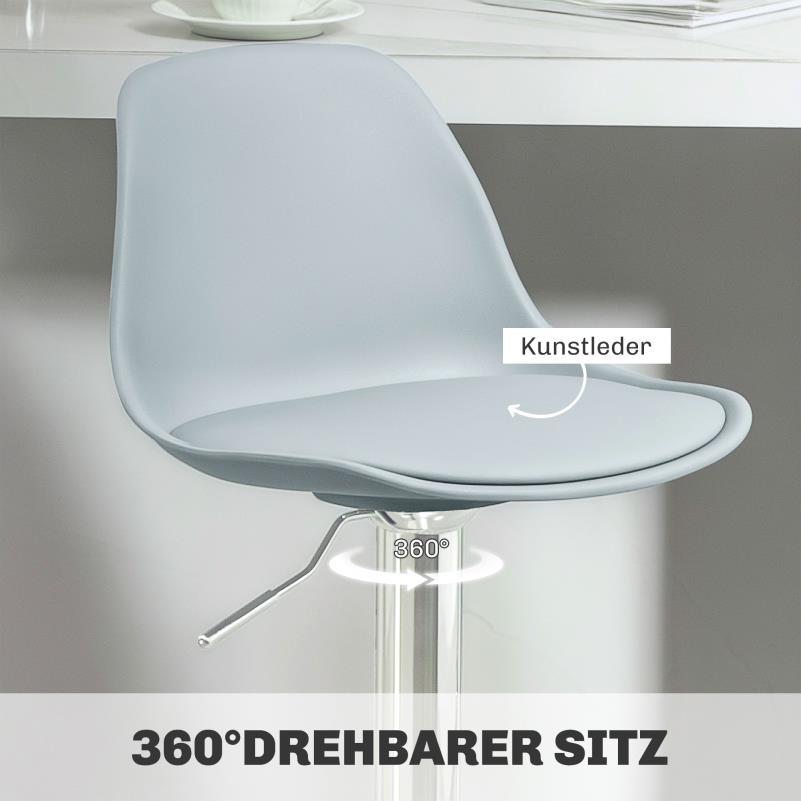 Barstoel – Barkruk – Barstoel Kruk – Keukenstoel – Barstoelen Set van 2 – Verstelbaar – 360° Draaibaar – Kunstleer – Stalen Frame – Met Rugleuning – Grijs