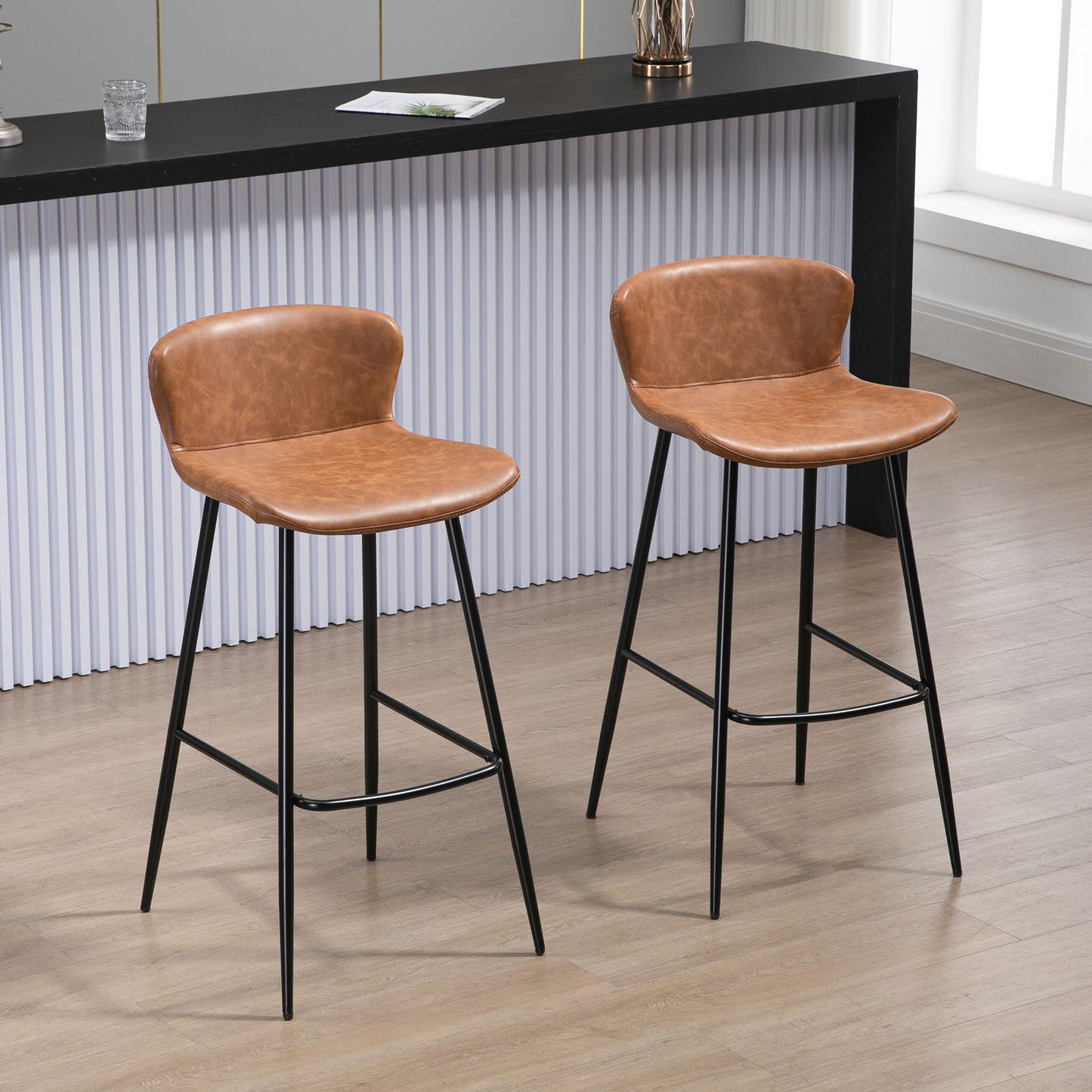 Barstoel Set – Barkrukken – Hoge Stoelen – Keukenstoelen – Barstoelen Bruin – PU Leren Zitting – Stalen Voetensteun – Vintage Design Rugleuning – 76 Cm Hoog